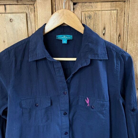 Southern Frock XS Navy Blue Long Sleeve Half Button Blouse‎ Lightweight Tunic - Picture 2 of 9